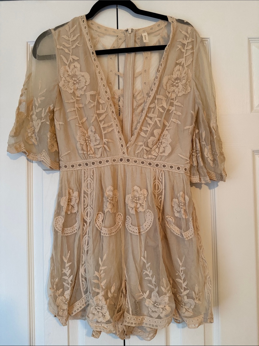 Women's Beige Embroidered V-Neck romper